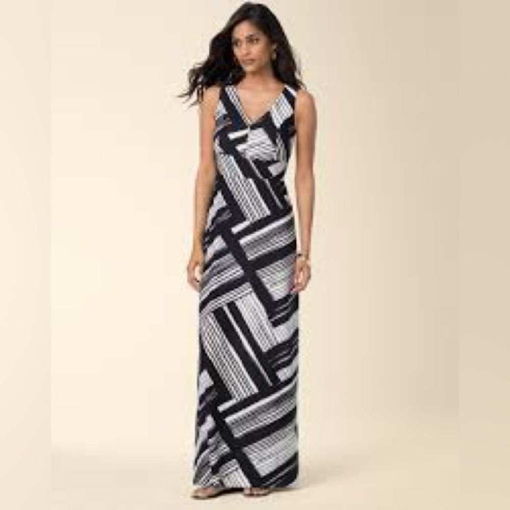 Soma V Neck Sleeveless Maxi Dress Standout Stripe Black Soft Cozy Summer Sz XS